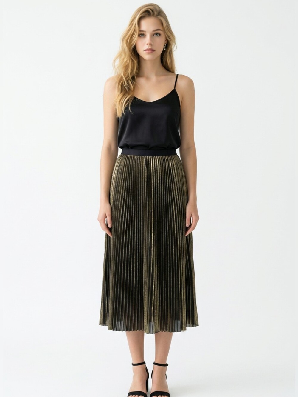 BABATON Metallic Gold Pleated Midi Skirt - Women